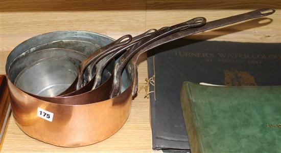 Four graduated 19th century copper saucepans